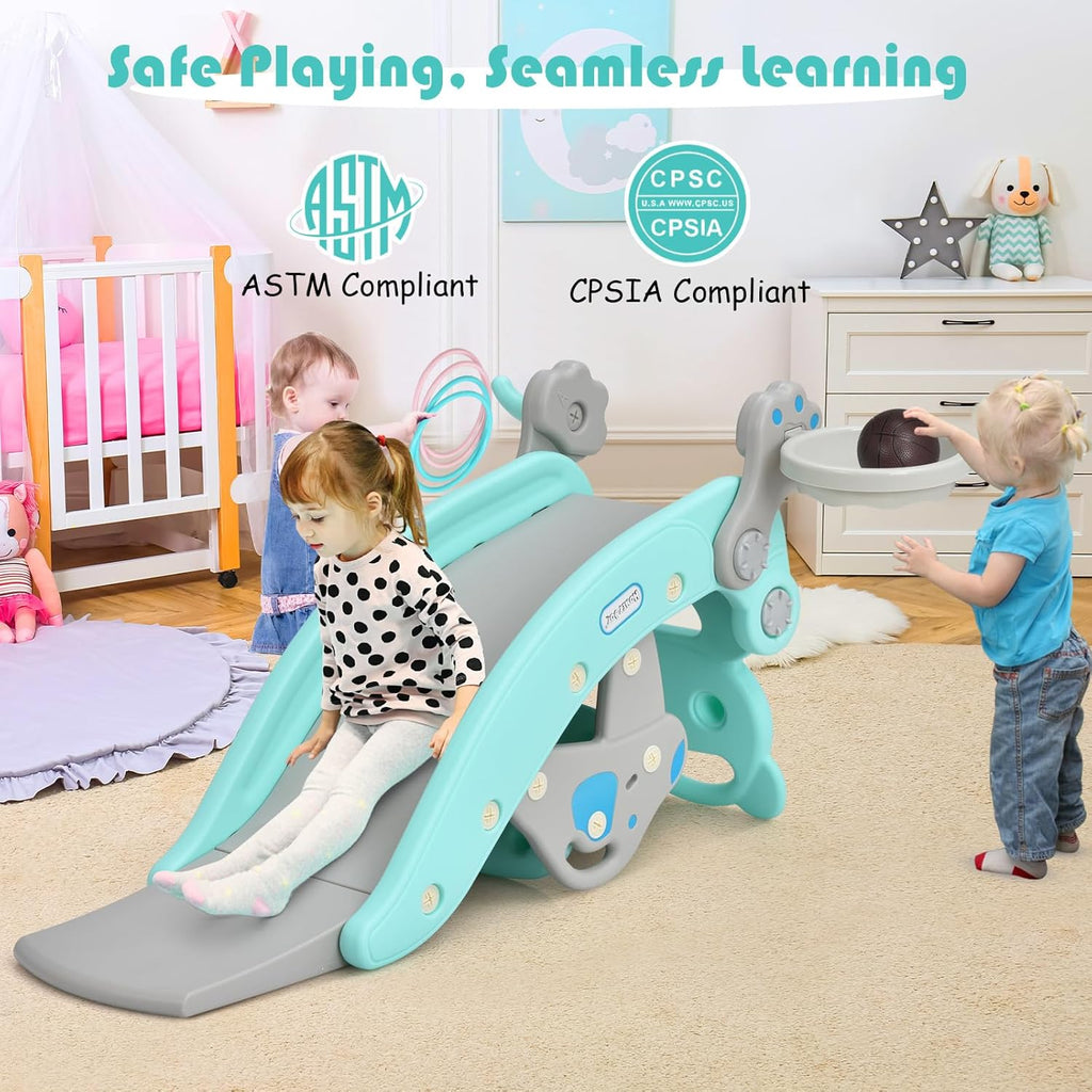 5 in 1 Toddler Slide Rocking Toy, Rocking Horse Playset with Slide, Basketball Hoop, Ring Toss Game, Stool & Inflatable Basketball, Convertible Climber Playground for Indoors Outdoors (Green)