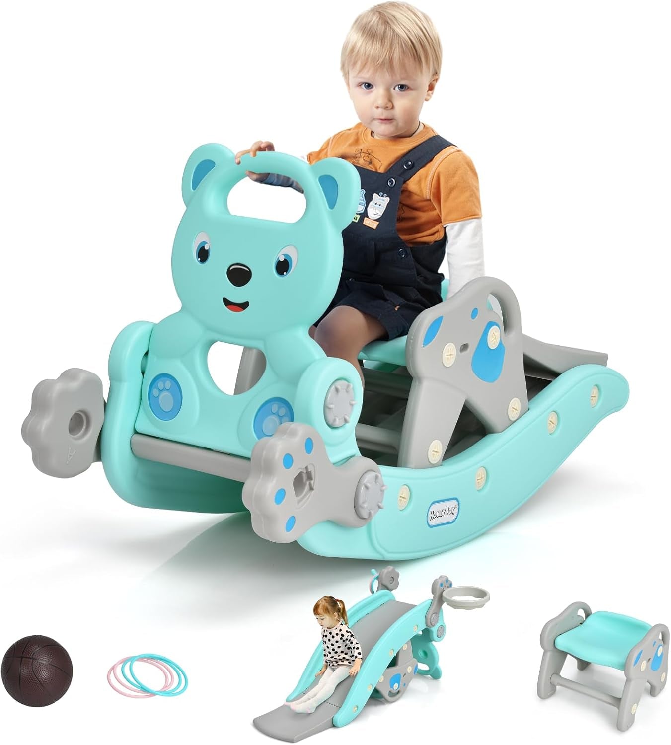 5 in 1 Toddler Slide Rocking Toy, Rocking Horse Playset with Slide, Basketball Hoop, Ring Toss Game, Stool & Inflatable Basketball, Convertible Climber Playground for Indoors Outdoors (Green)