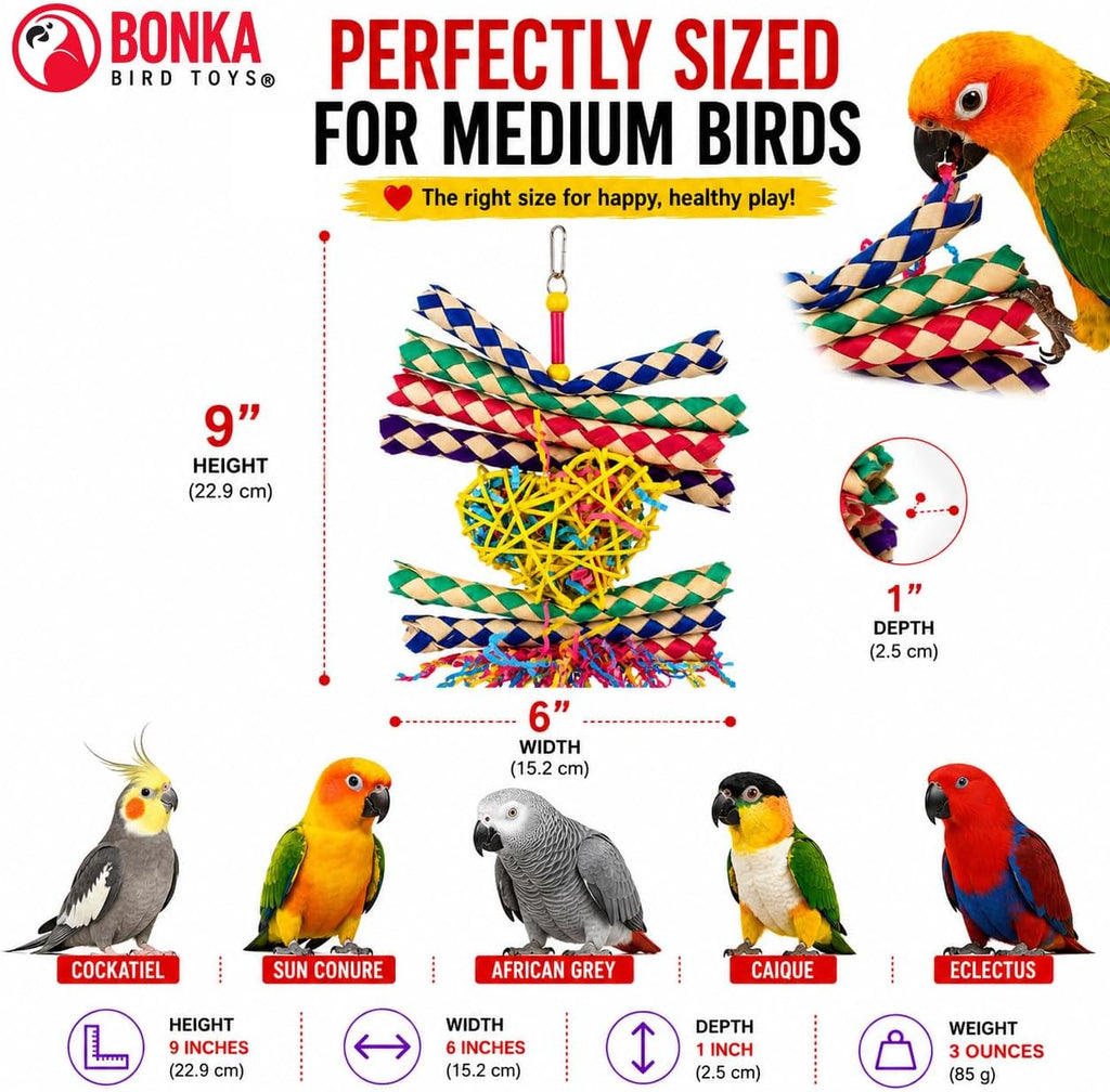 1730 Foraging Valentine Heart Bird Toy for Medium Birds Shredding and Chewing Cage Toy Colorful Palm Leaf and Paper Foraging Toy 9" X 6"